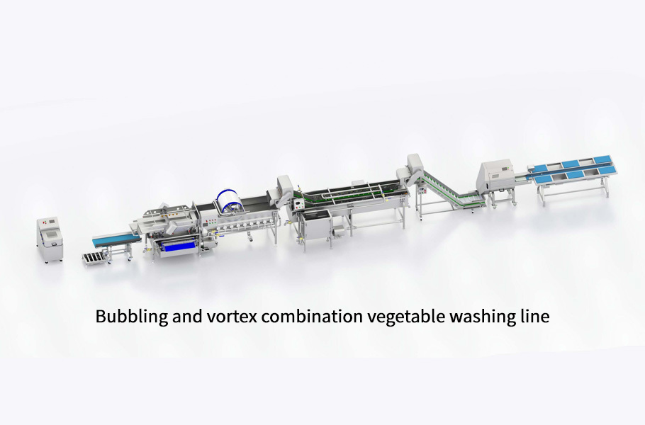 Bubbling and vortex combination vegetable washing line