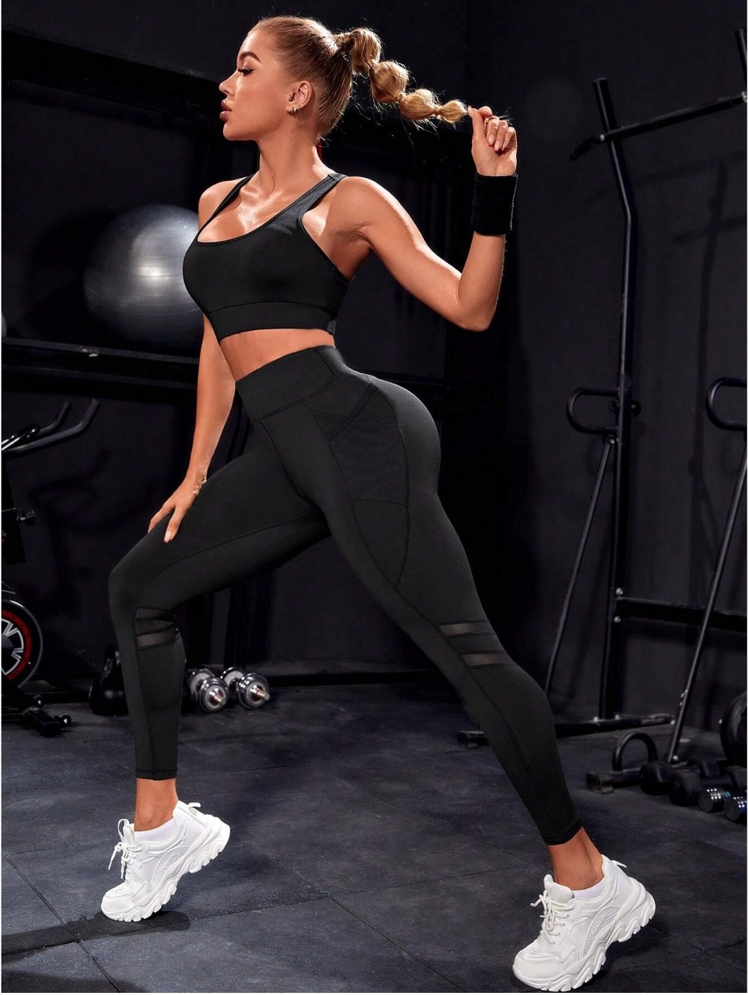 Mesh Insert Wide-band Waist Sports Leggings With Phone Pocket-SL362