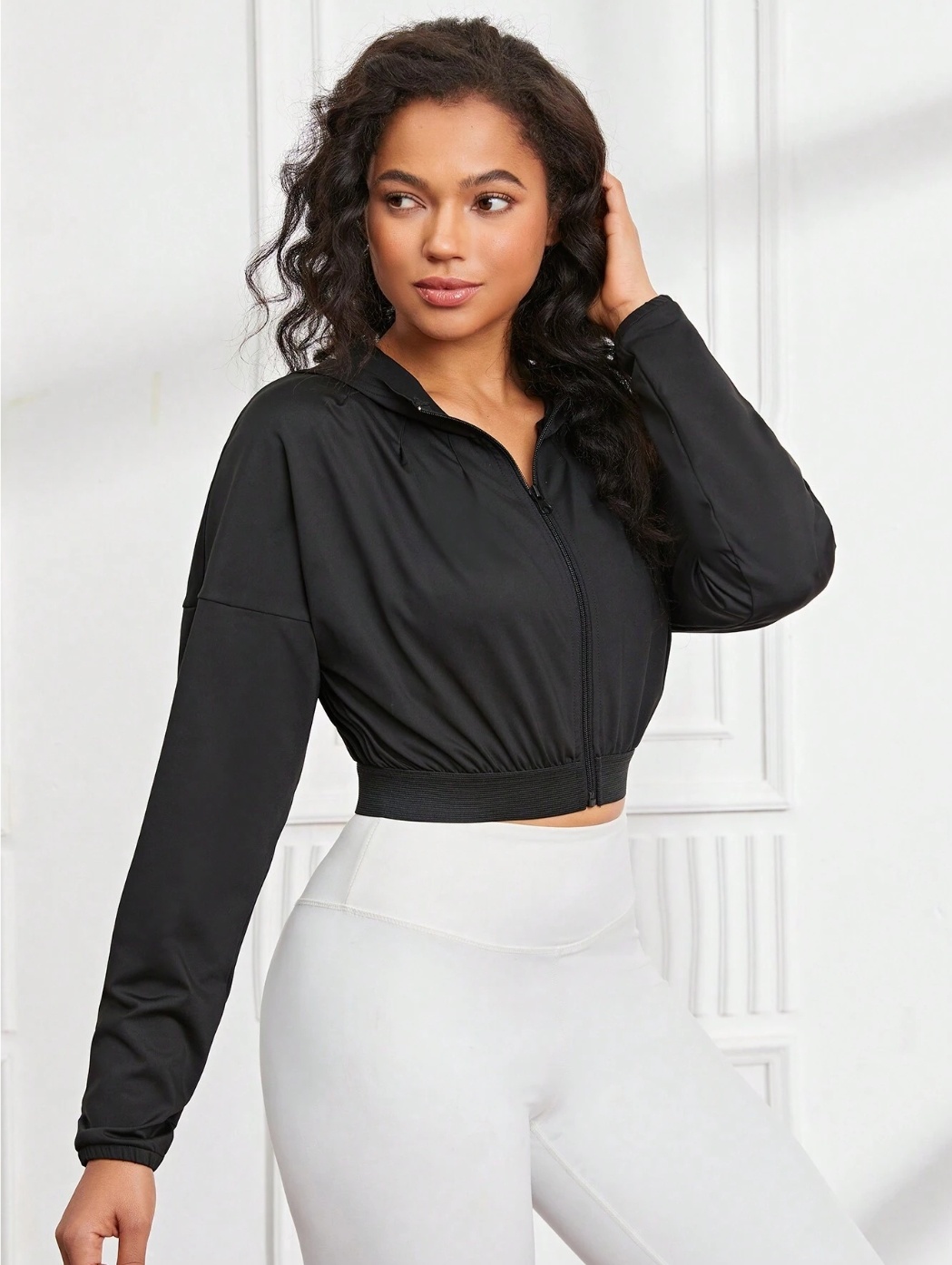 Drop Shoulder Long Sleeve Hooded Crop Sports Jacket-SJ008