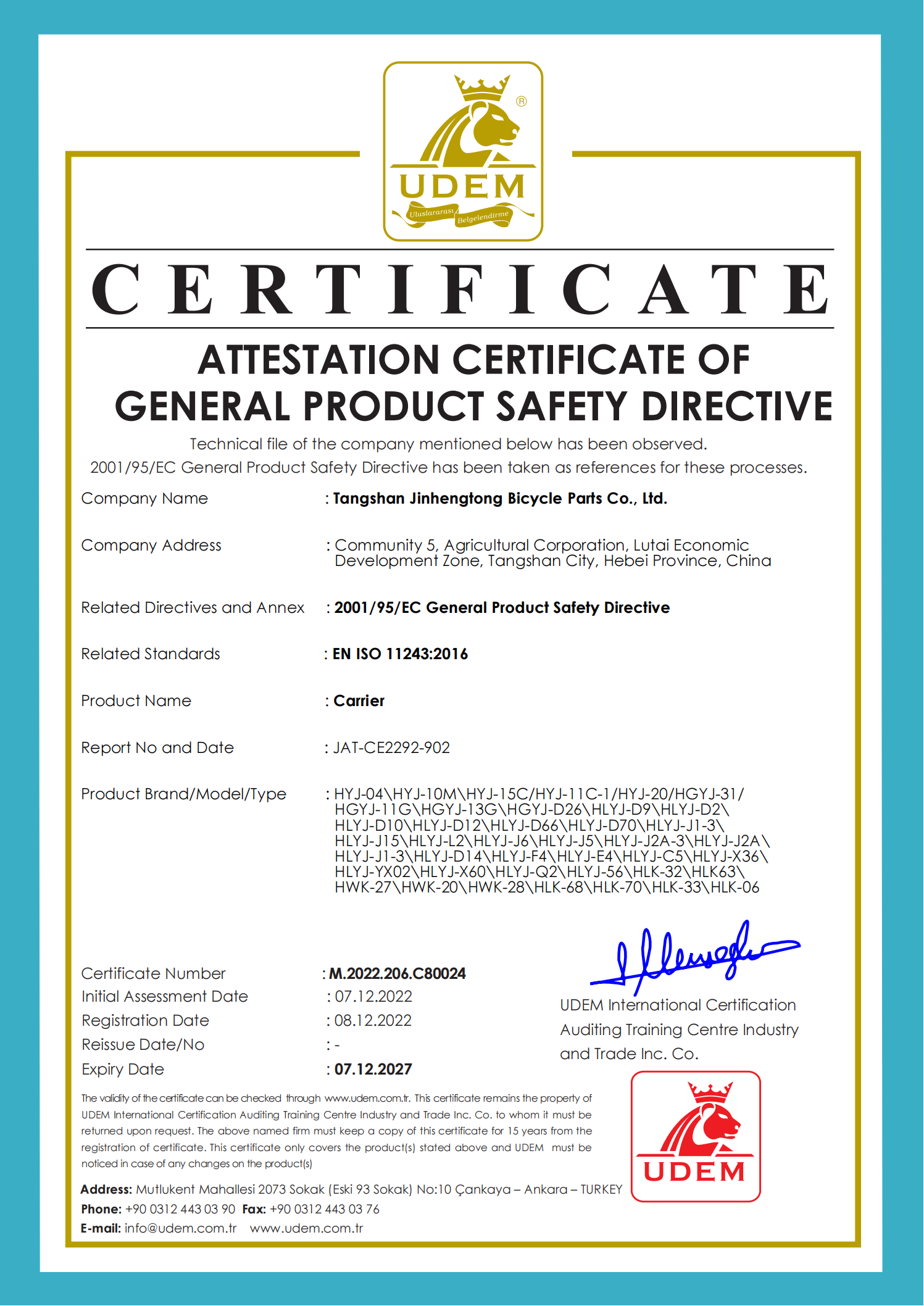 ATTESTATION CERTIFICATE OF GENERAL PRODUCT SAFETY DIRECTIVE