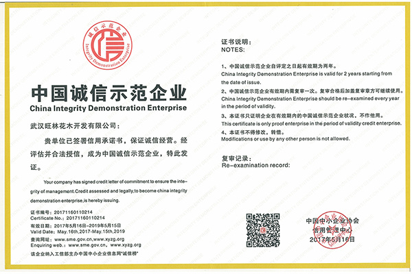 中国诚信示范企业证书