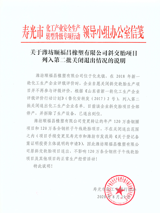 Explanation on Closing and Exiting of Bias Tire Project of Weifang Shunfuchang Rubber and Plastic Co., Ltd. in the Second Batch