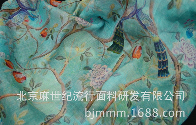 M011382石榴与孔雀 - 苎麻数码印花布