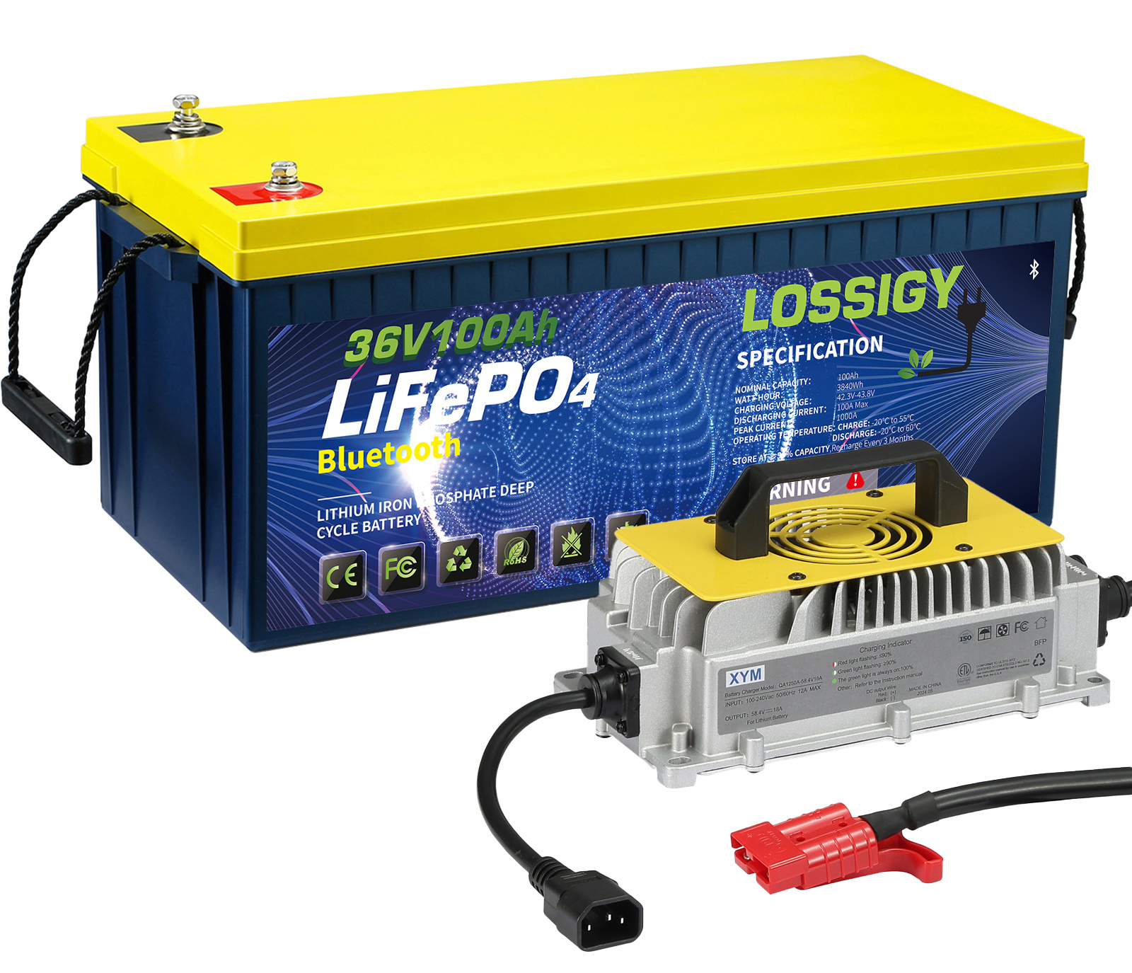 LOSSIGY 36V 100AH Golf Cart LiFePO4 Battery with 36 Volt 25A Lithium Charger, Prefect for Trolling Motor, Built in 200A Bluetooth BMS, Peak Current 1000A(3-5s), 10 Yrs Lifespan