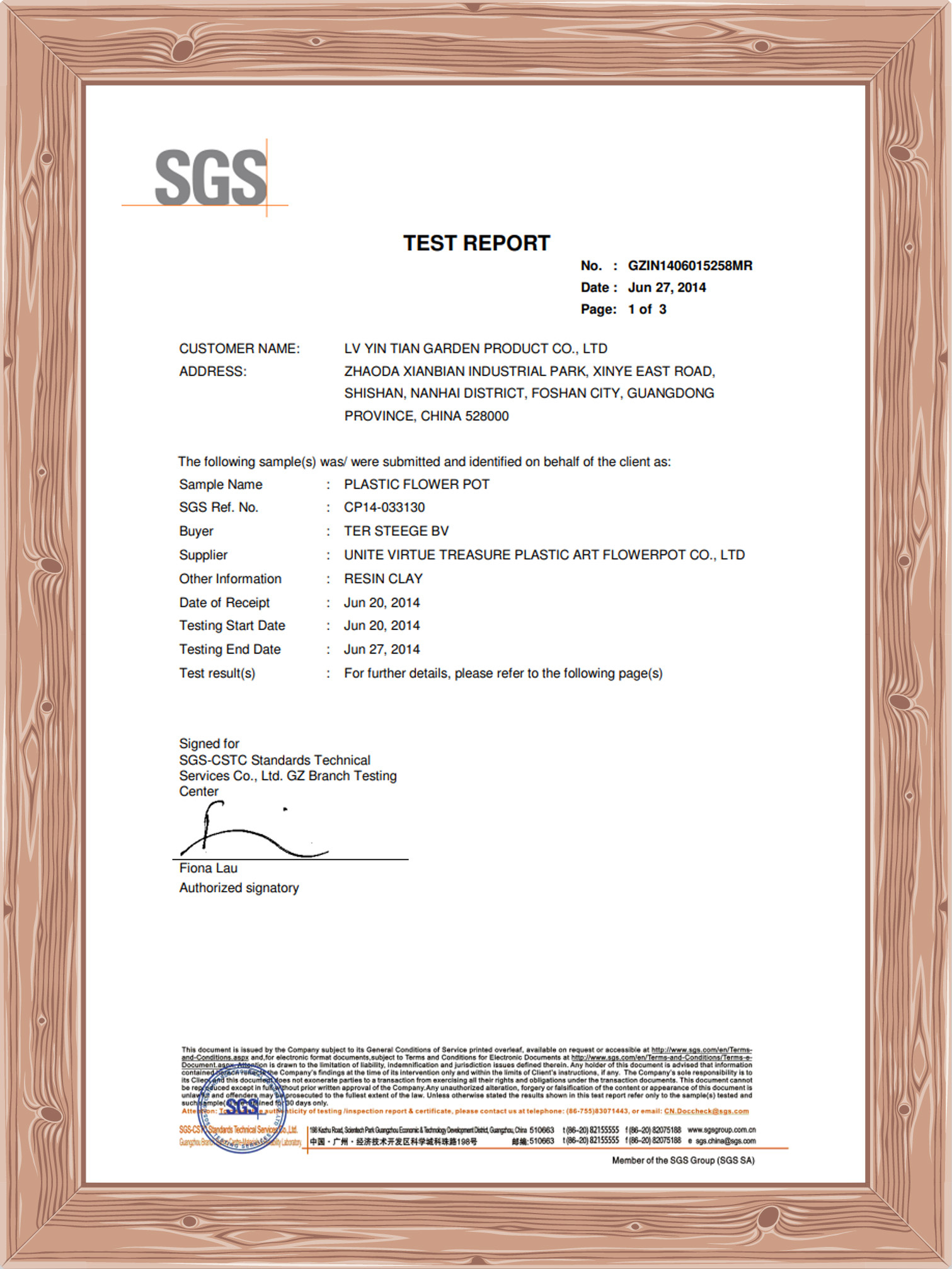 SGS Certificate