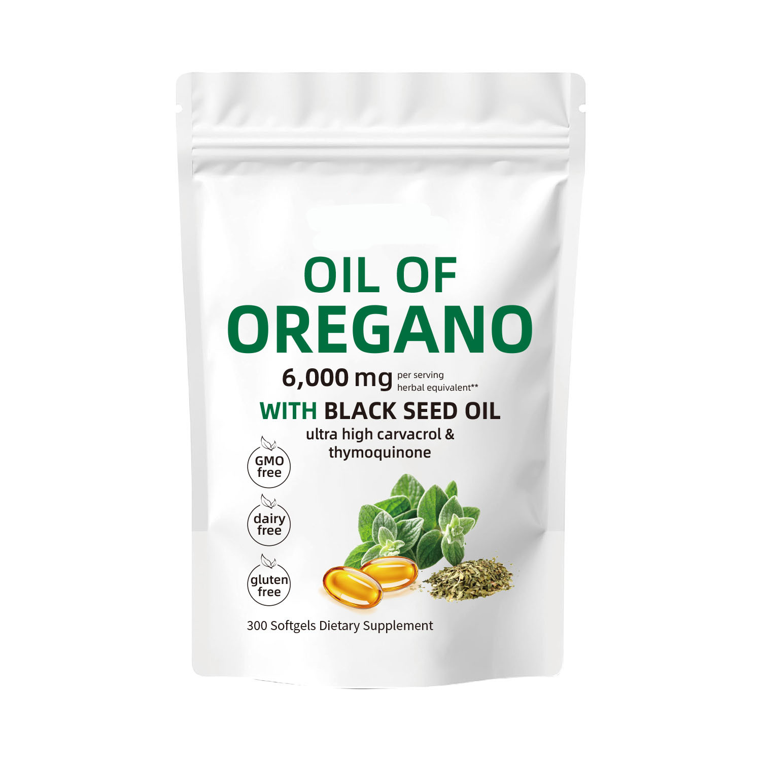 Oil of Oregano Softgels 6000mg Per Serving, 300 Count | 2 in 1 Formulated with Black Seed Oil 200mg, 4X Strength Carvacrol & Thymoquinone | Plant Based, Non-GMO & Immune Support