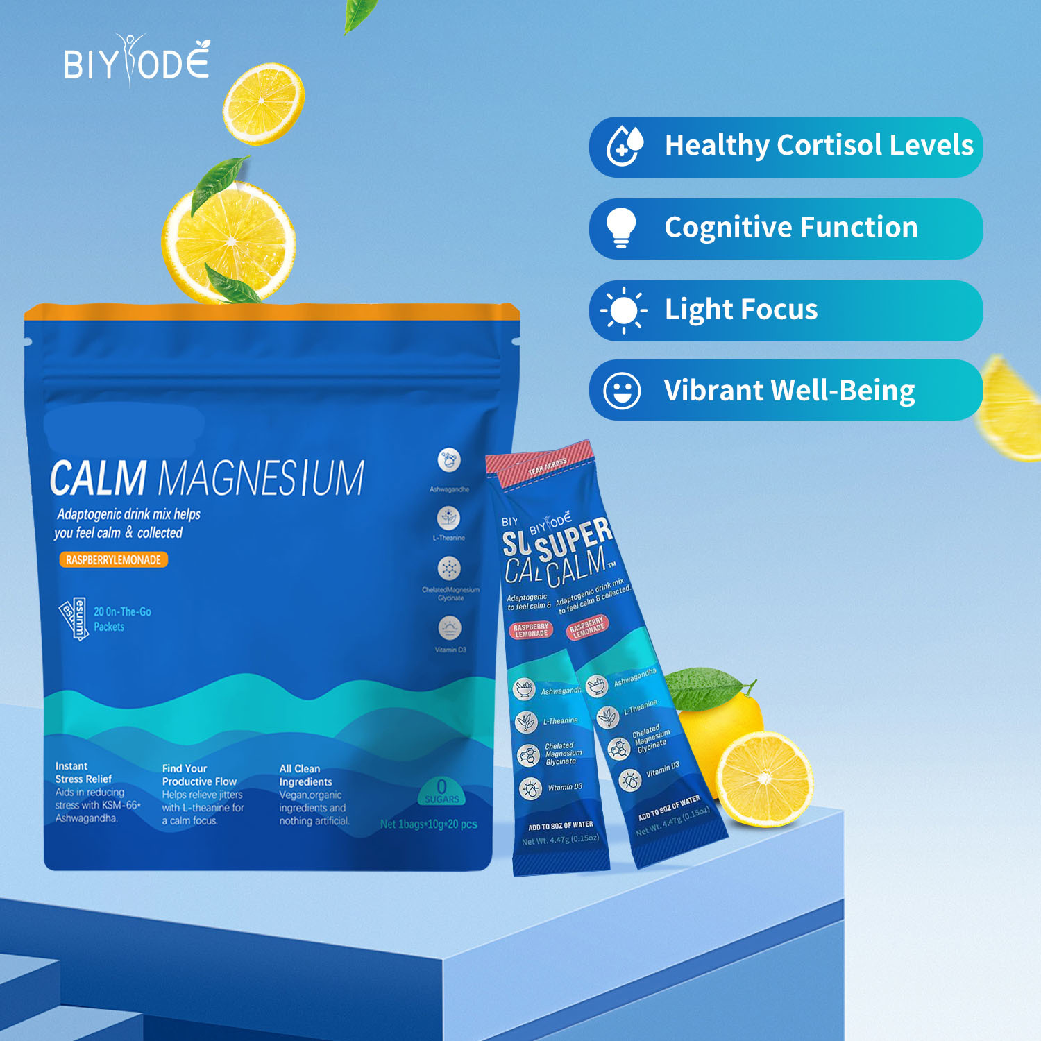 Supercalm Powdered Drink Mix, Raspberry Lemonade, L Theanine, Ksm-66 Ashwagandha, Magnesium Glycinate, Vitamin D 3, Supplements for Relaxation & Focus, No Sugar, Non GMO, On The Go, 20 Ct