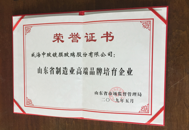Certificate of Shandong Province Manufacturing Industry High end Brand Cultivation Enterprise in May 2019