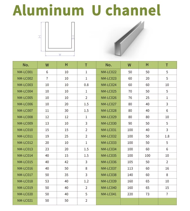 10mm Glass Aluminum U Channels Profiles sizes