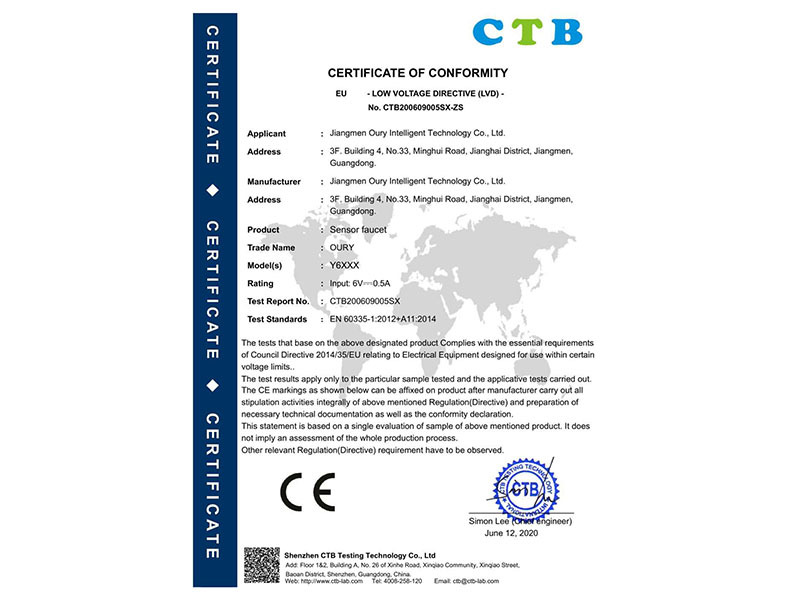CE-LVD certificate for induction faucet