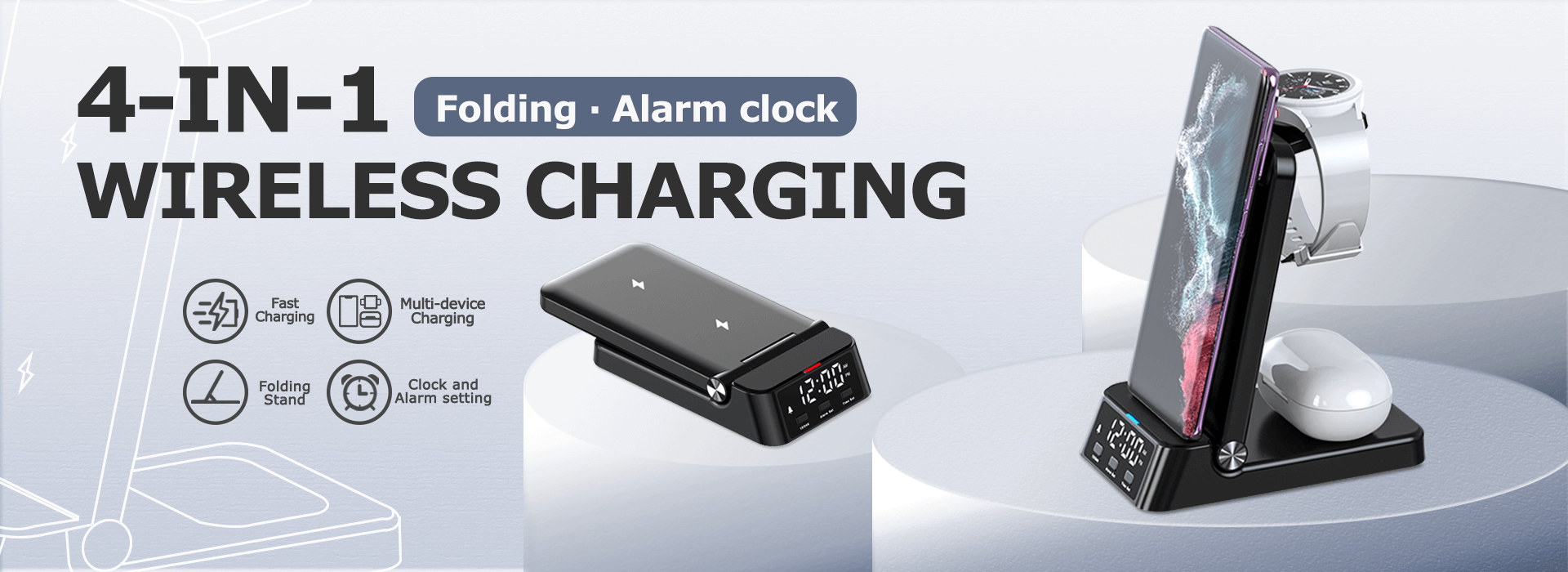 Hot Selling New Products 2023 Wireless Charger Stand 4-in-1 Qi Mobile Phone Fast Charging Station With Alarm Clock For iPhone