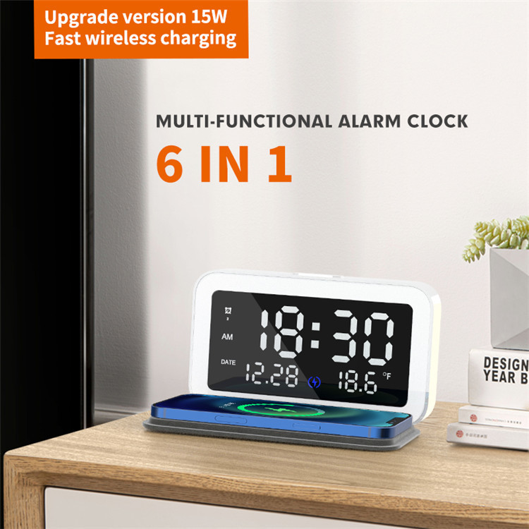 Portable Multi Function Alarm Clock With 15W Fast Wireless Charger 