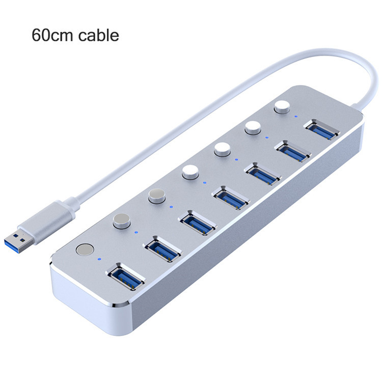 Aluminum 7 Port USB 3.0 Hub 60cm Cable Sub-control Switch 5Gbps LED Indicator HUB Chargeable Splitter For Multi USB Devices