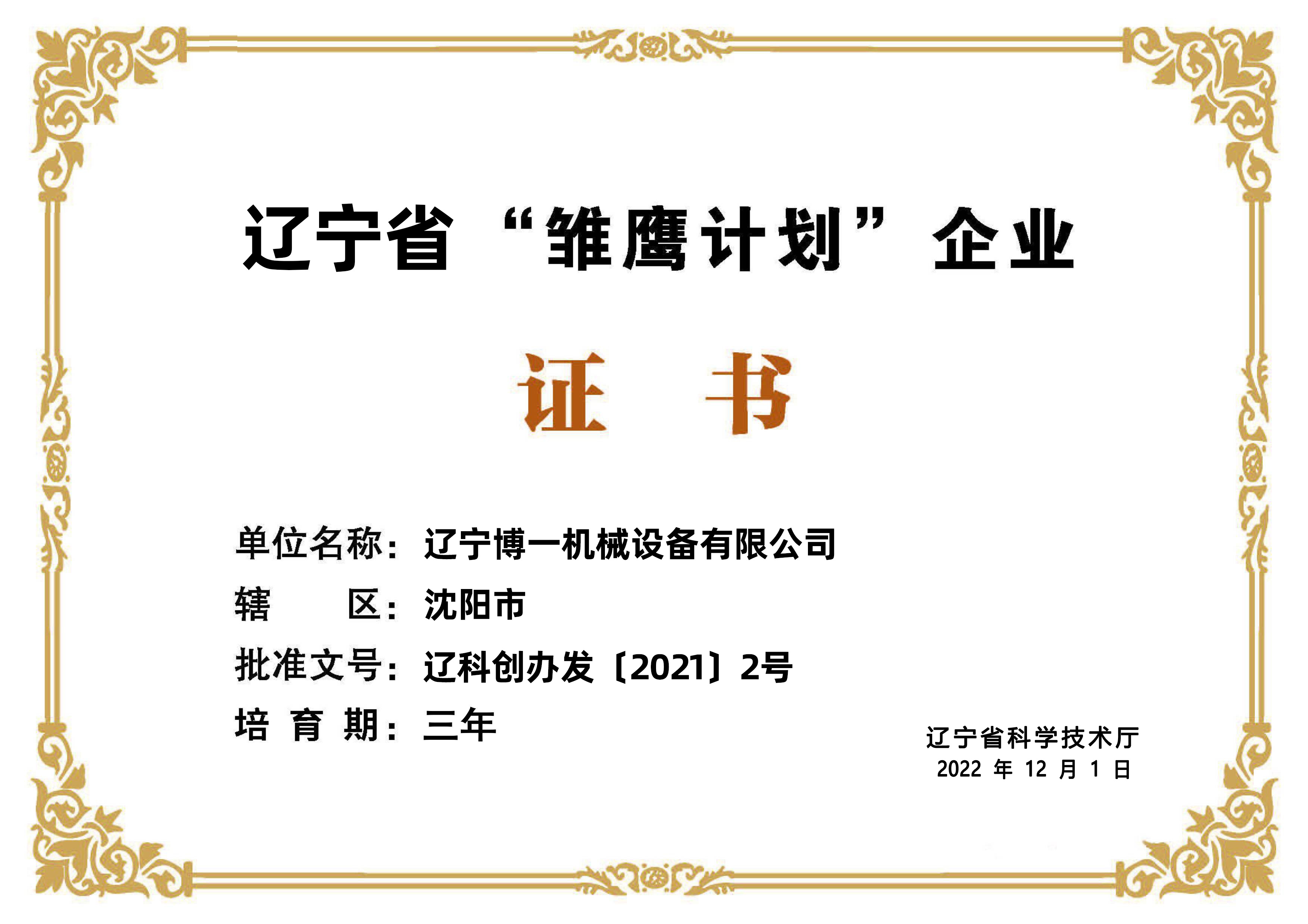 遼寧省“雛鷹計劃”企業(yè)證書