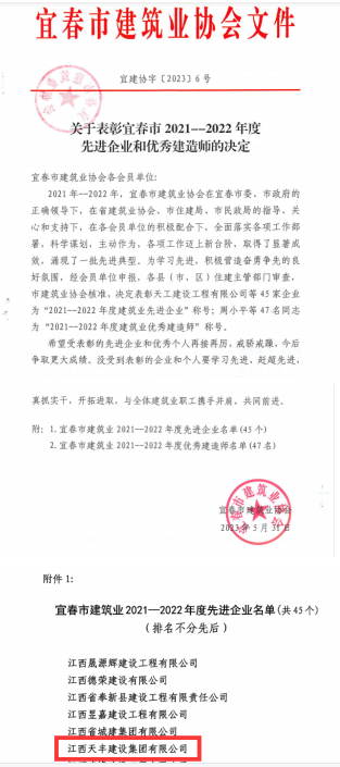 天丰集团荣获宜春市建筑业2021一2022年度先进企业