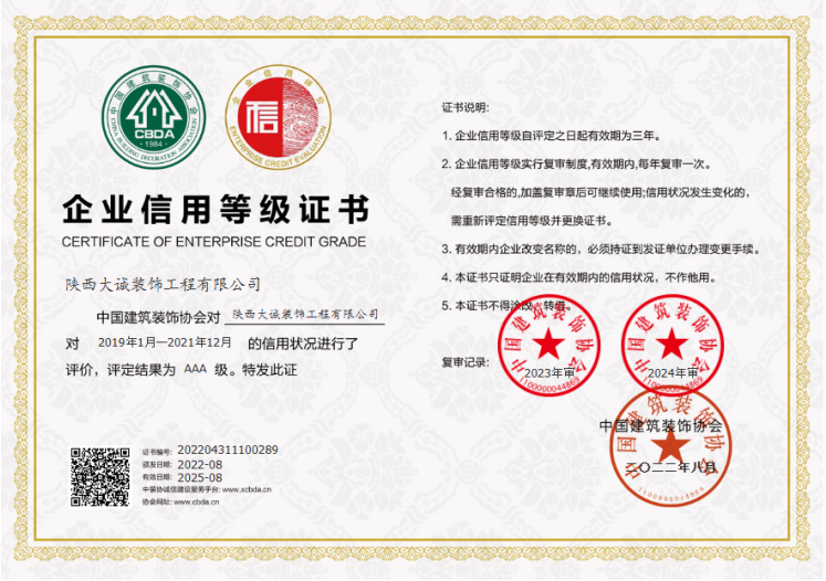 3A信用等級(jí)證書(shū)