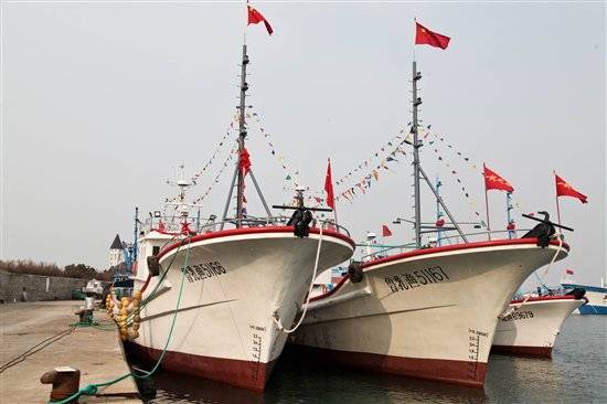 威海西港研发制造的玻璃钢渔船整齐的停靠在码头