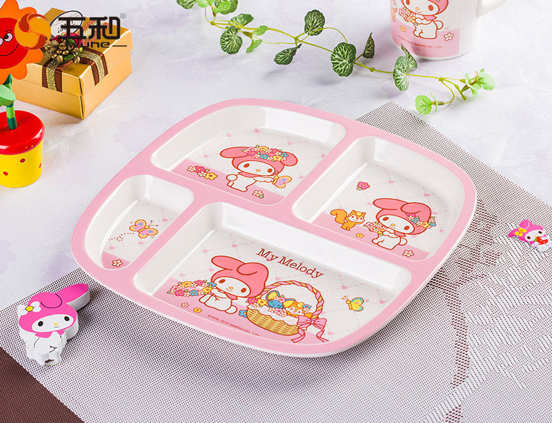 Wuhe pure melamine tableware Melody children's four-compartment plate, rice plate