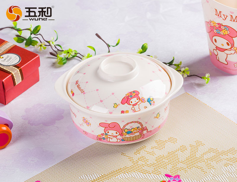 Wuhe Pure Melamine Tableware Melody Melody Double Ear Covered Bowl, Children's Rice Bowl