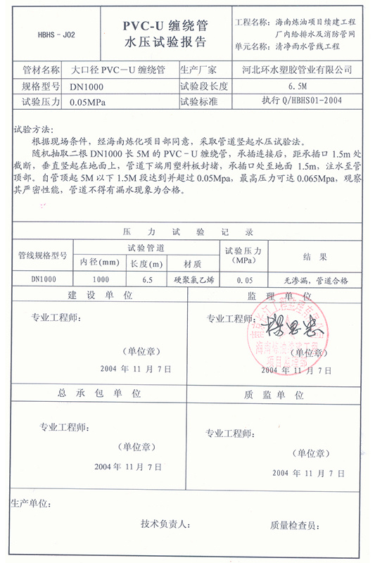 海南炼化DN1000水压试验报告