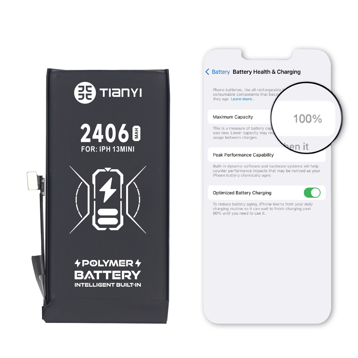 TianYi Show Battery's Health IPhone 13 Min Battery Original Quality 2406 MAh
