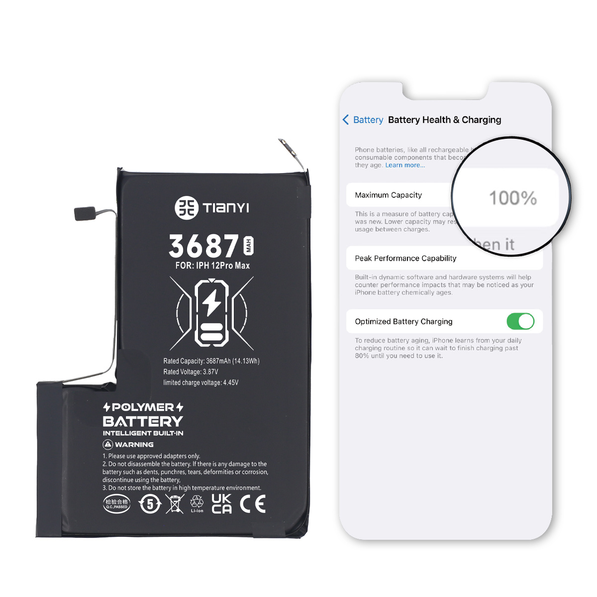 TianYi IPhone 12 ProMax 3687 MAh Battery Original Quality Show Battery's Health
