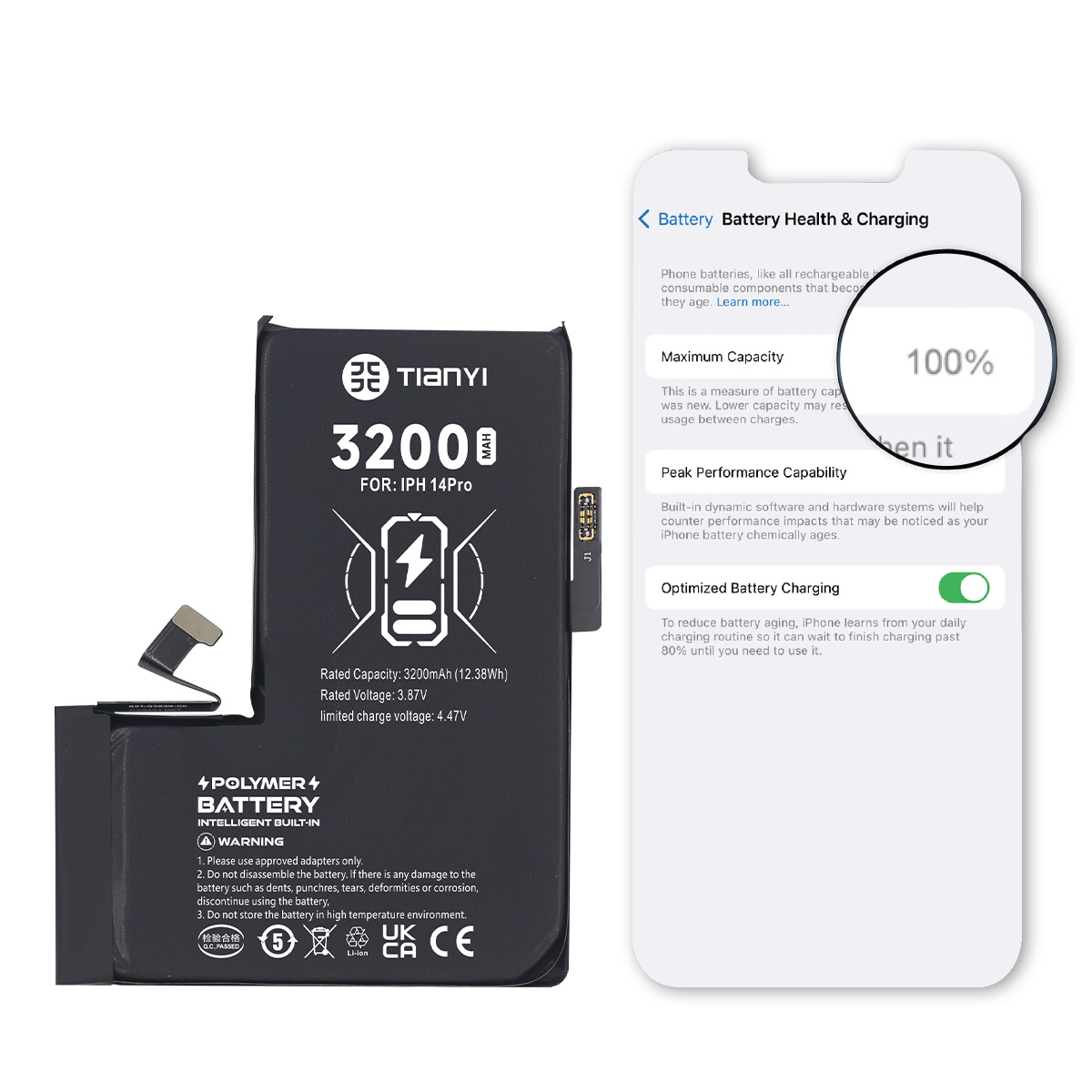 TianYi Show Battery's Health IPhone 14 Pro Battery Original Quality 4352mAh