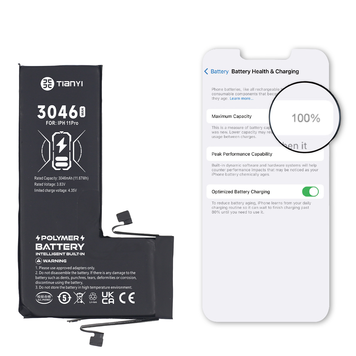 TianYi IPhone 11 Pro Battery 3046mAh Show Battery's Health, Best For Refurbished Phones And Repairs