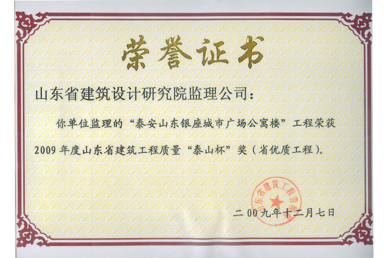 09年泰安銀座“泰山杯”證書(shū)原件