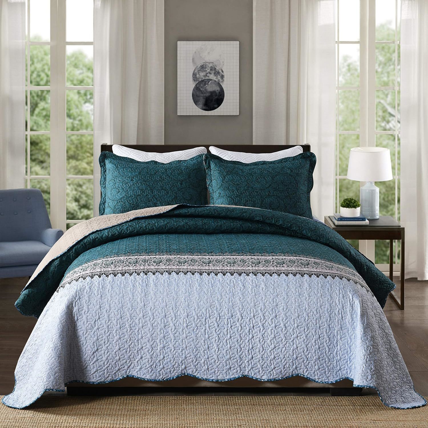 Wholesale Luxury Green Scalloped Edge Queen size Reversible Coverlet Bedspread for all seasons
