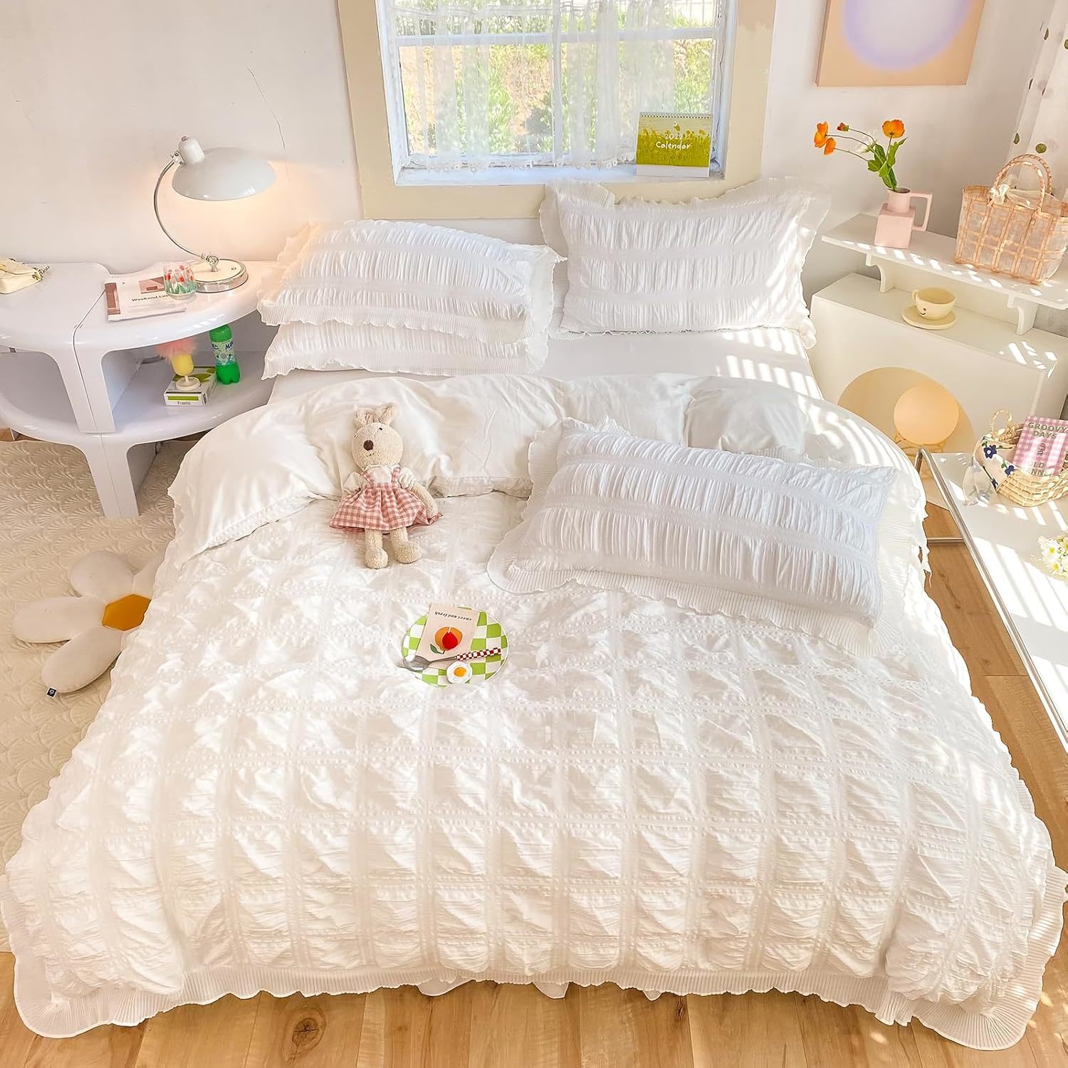 Breathable Lightweight polyester wrinkled three-dimensional texture weaving seersucker comforter set with hidden metal zipper