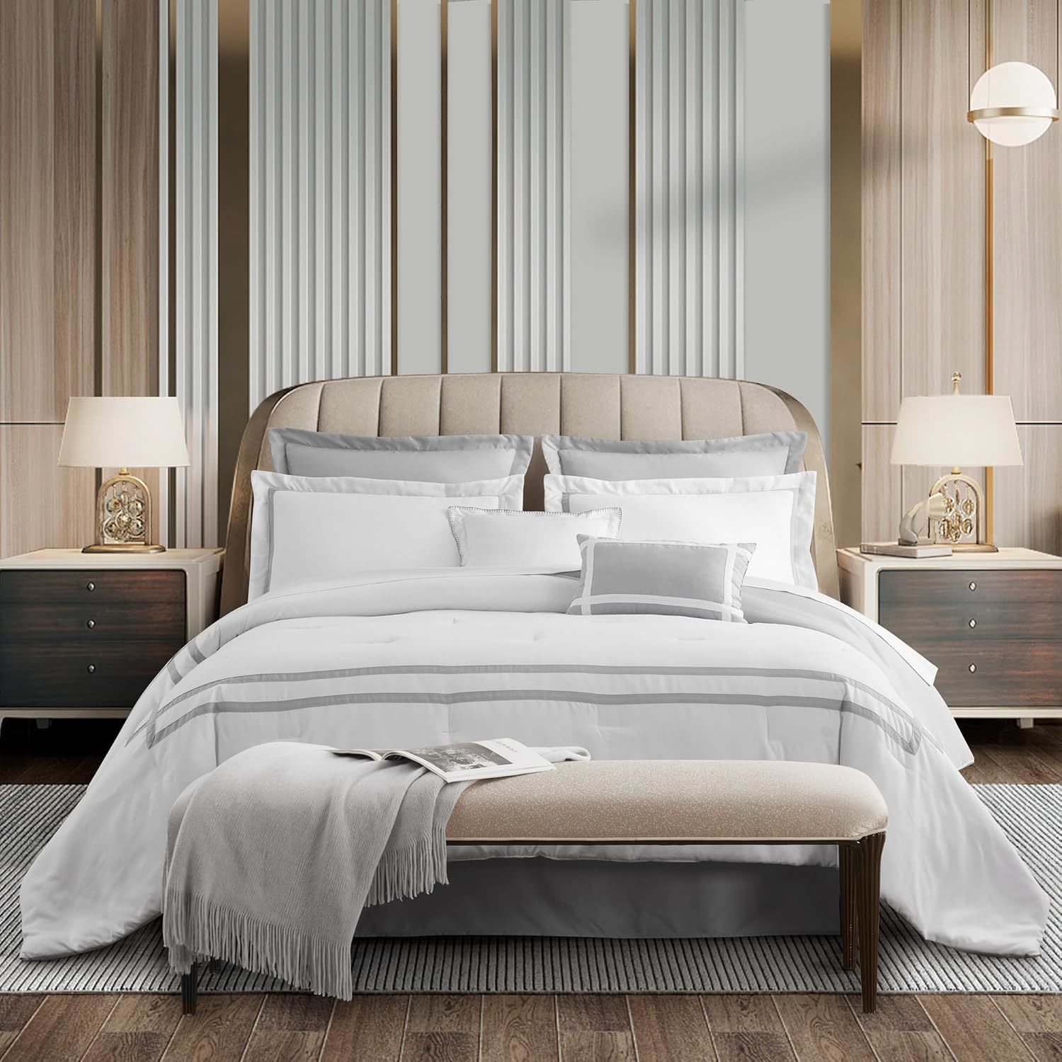 White Lightweight  Bedding Sets Comforter Queen Size 8-Piece Hotel Queen Comforter Pillow Shams Thin Comforter Bed Sets for All Seasons with Matching Bed Skirt