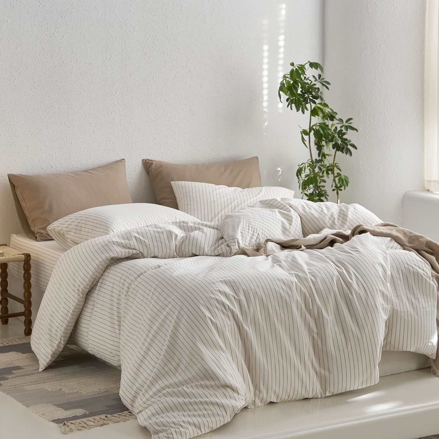 Factory manufacturers 100% Washed Cotton Linen Like Textured Breathable Durable Soft Comfy wrinkled Wavy Stripe Duvet Cover Set