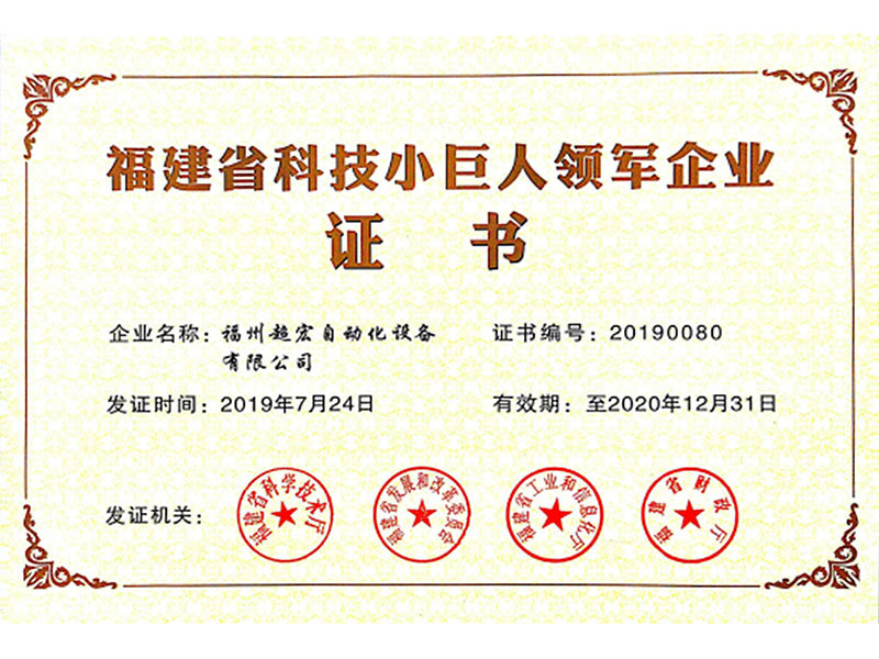 Fujian Province Science and Technology Little Giant Leading Enterprise Certificate