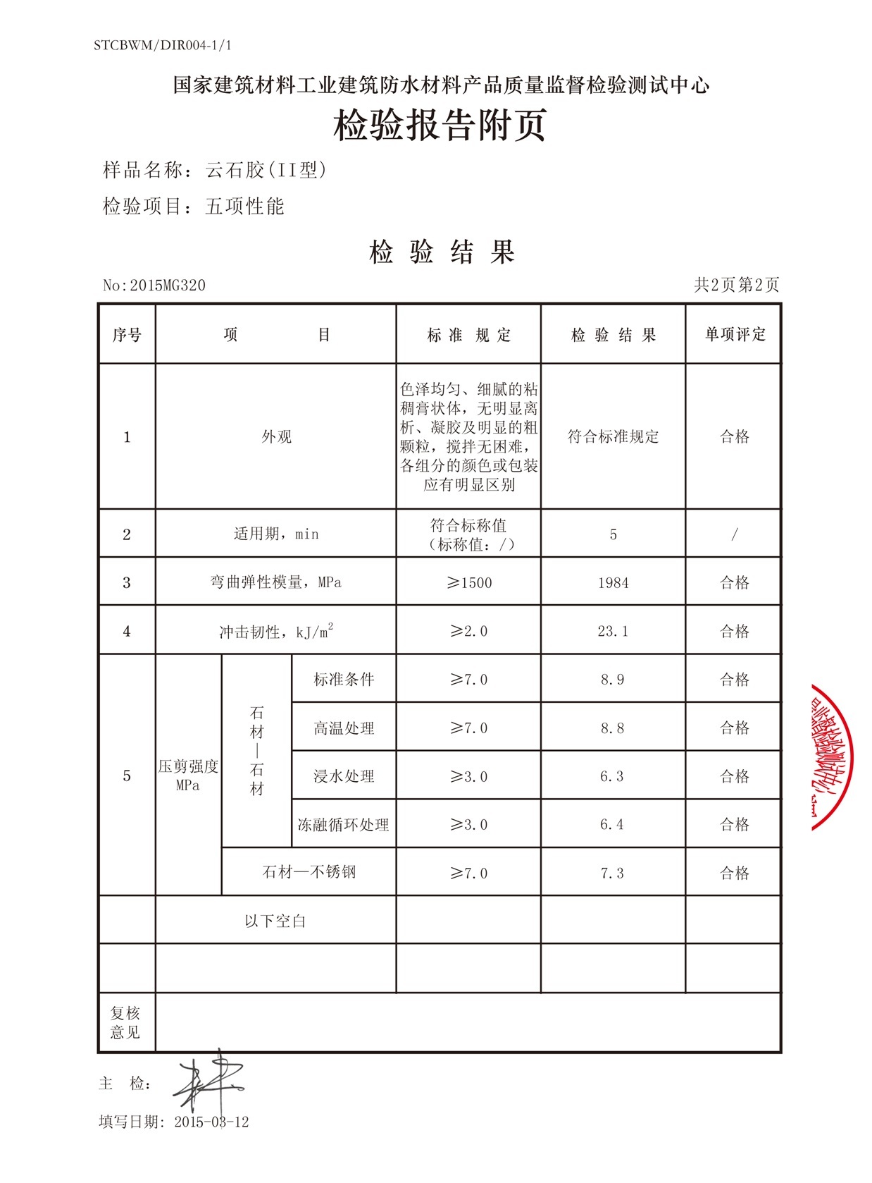 Test report of marble glue