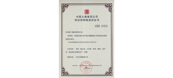 中国大唐集团供应商网络成员证书