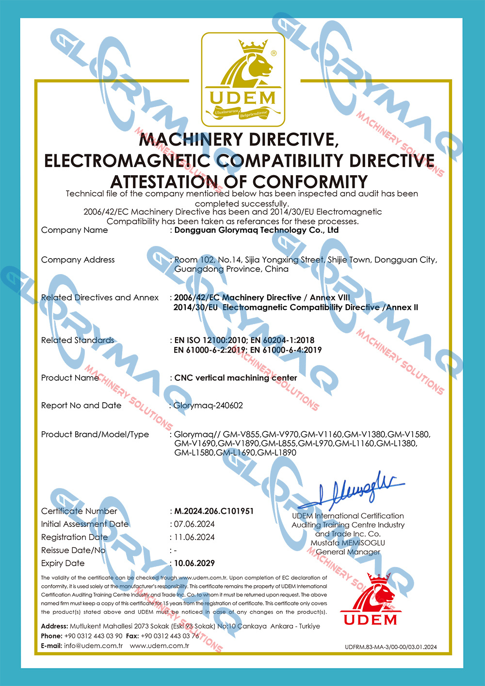 Glorymaq CNC vertical machining center CE certification