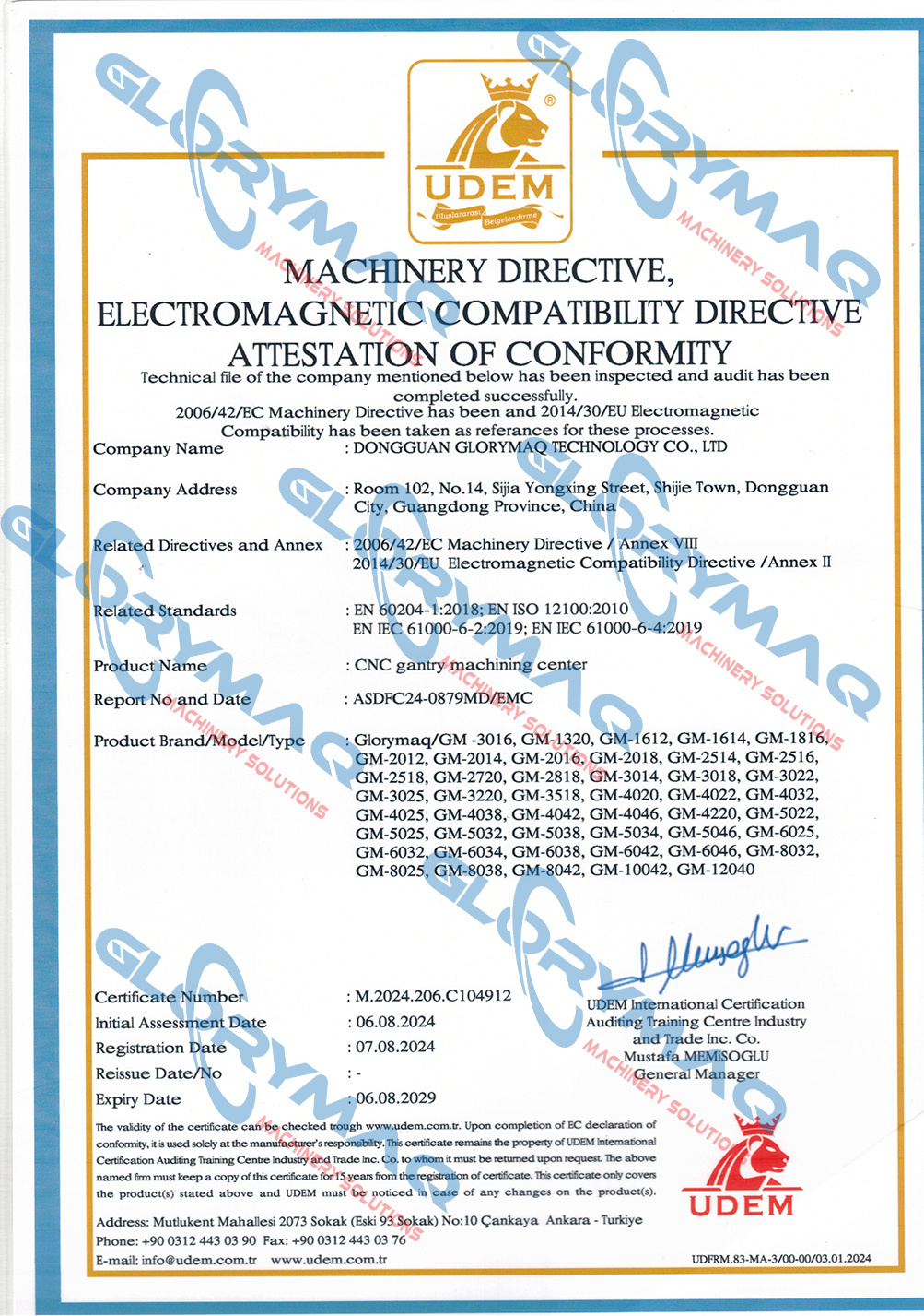 Glorymaq CNC gantry machining center CE certification