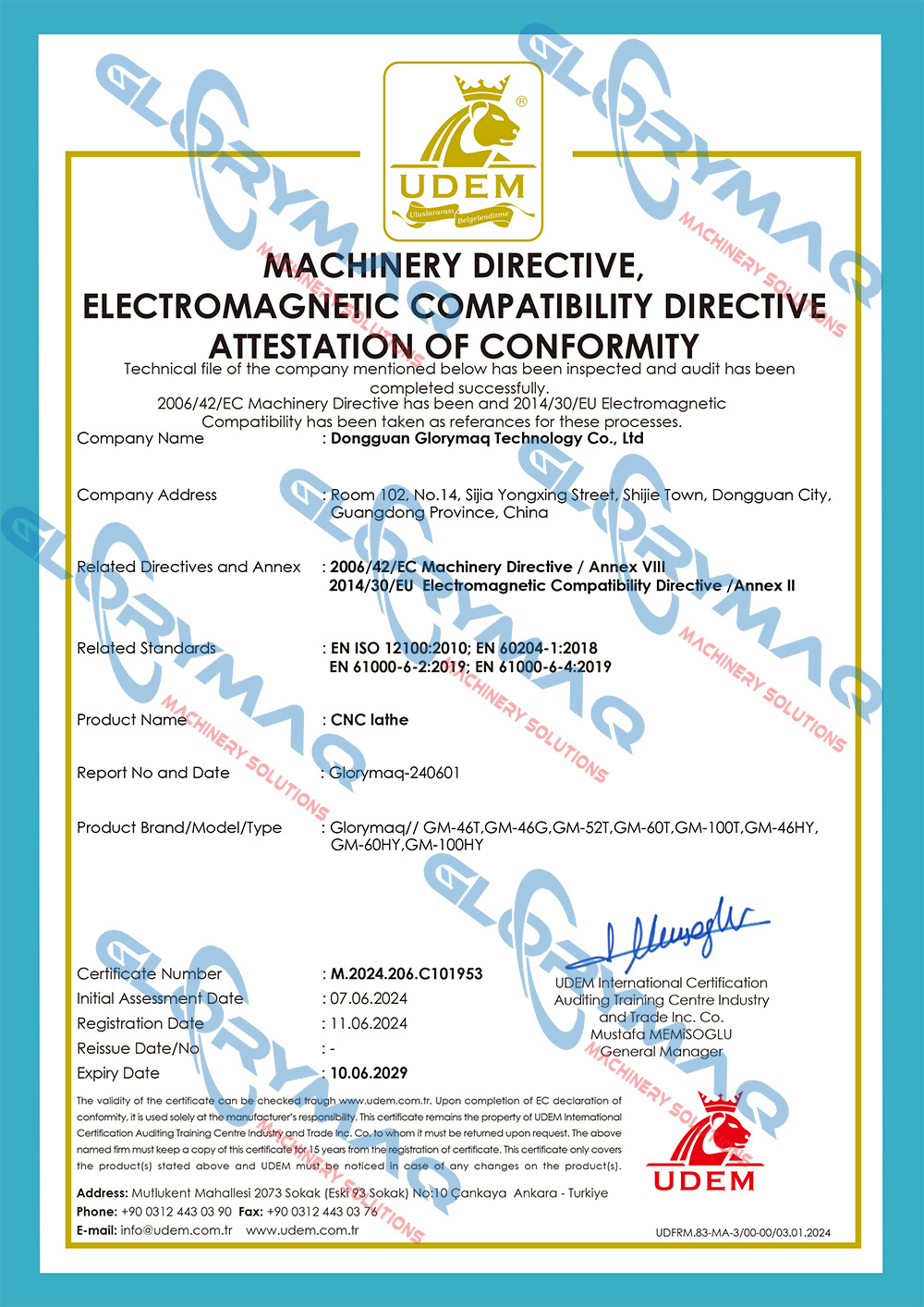 Certificación CE del torno CNC glorymaq