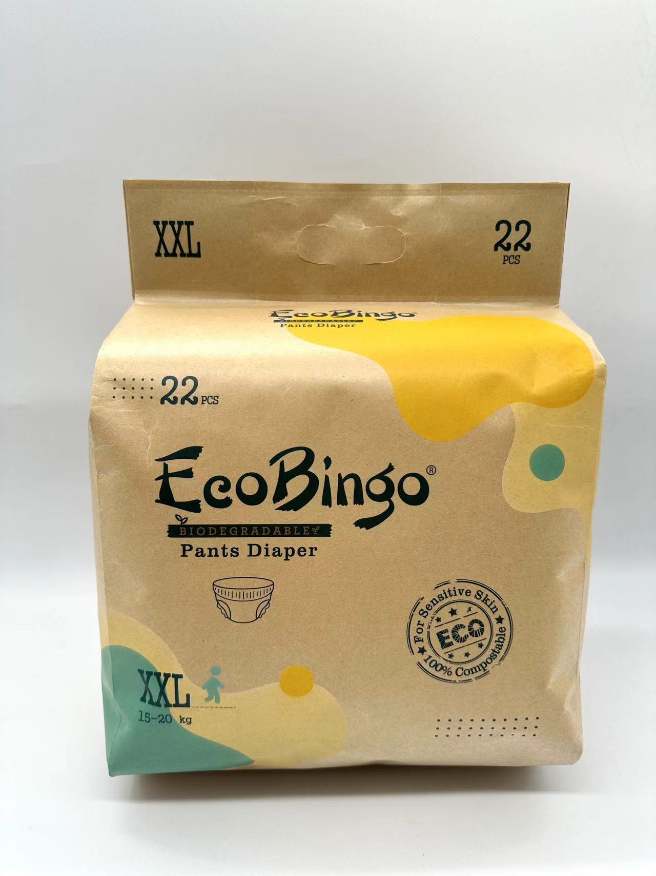 EcoBingo BIODEGRADABLE free sample custom wholesale SAP super absorbing performance baby diapers disposable in China