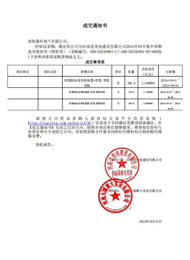 祝賀！洛陽雷科電氣有限公司中標(biāo)河南送變電建設(shè)有限公司2024年09月集中采購 競爭性談判(物資類)(采購編號:SBD-20240901-2)項目