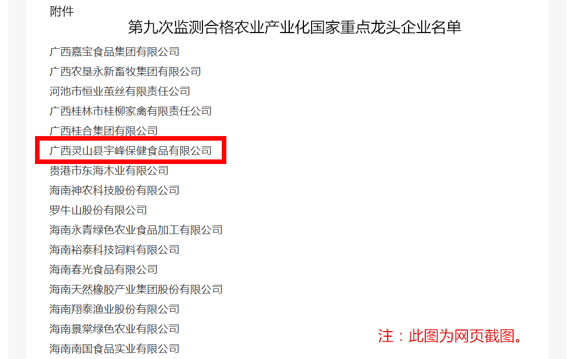 热烈祝贺宇峰公司通过第九次农业产业化国家重点龙头企业监测 