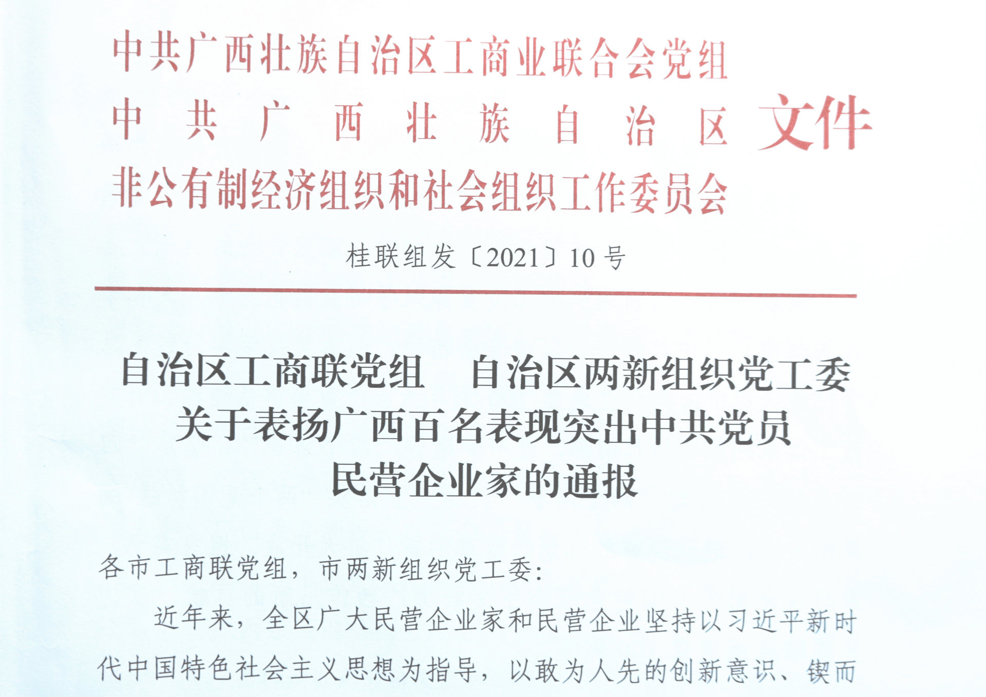 公司党委书记、董事长王宇峰荣获“广西百名表现突出中共党员民营企业家”称号