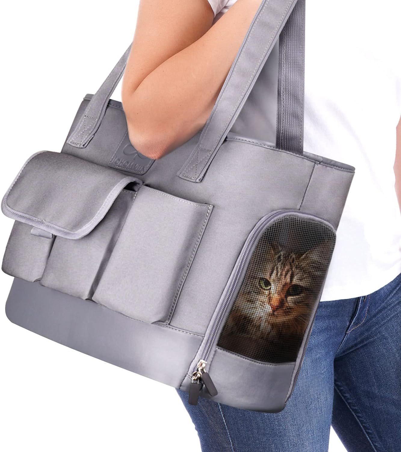 Wholesale Foldable Waterproof Premium Grey Carrier Bag for Small Dog Leather Base