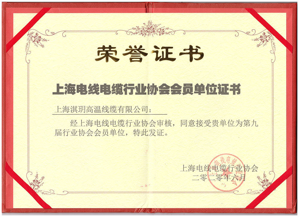 上海电线电缆行业协会会员单位证书