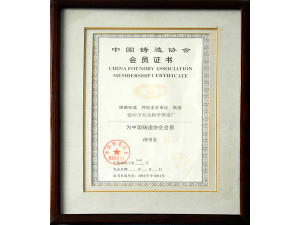 China Foundry Association membership certificate