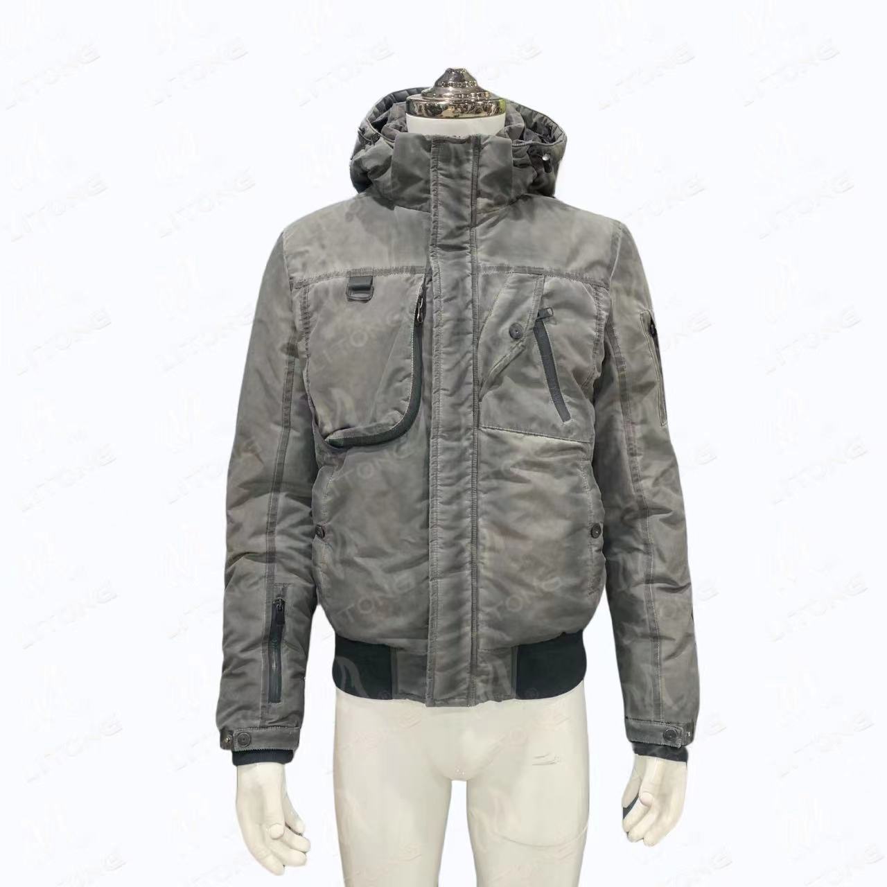 Men's winter jacket with faded garment washing.