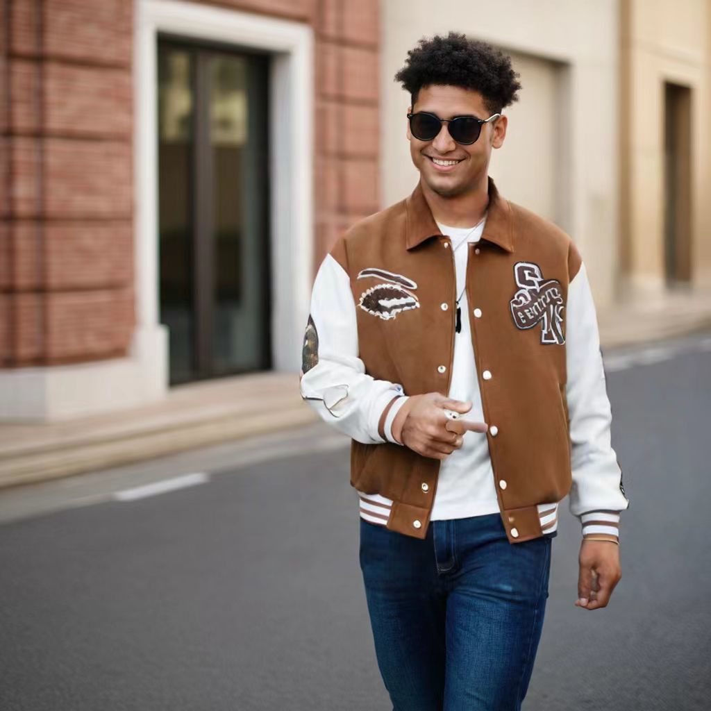 Men's bomber varsity jacket wool pu jacket
