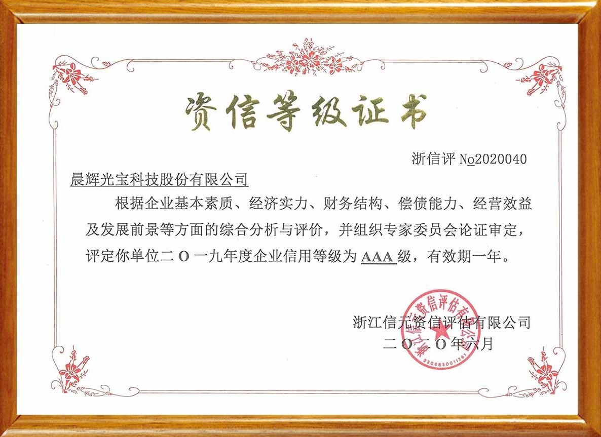 2020 AAA credit rating certificate