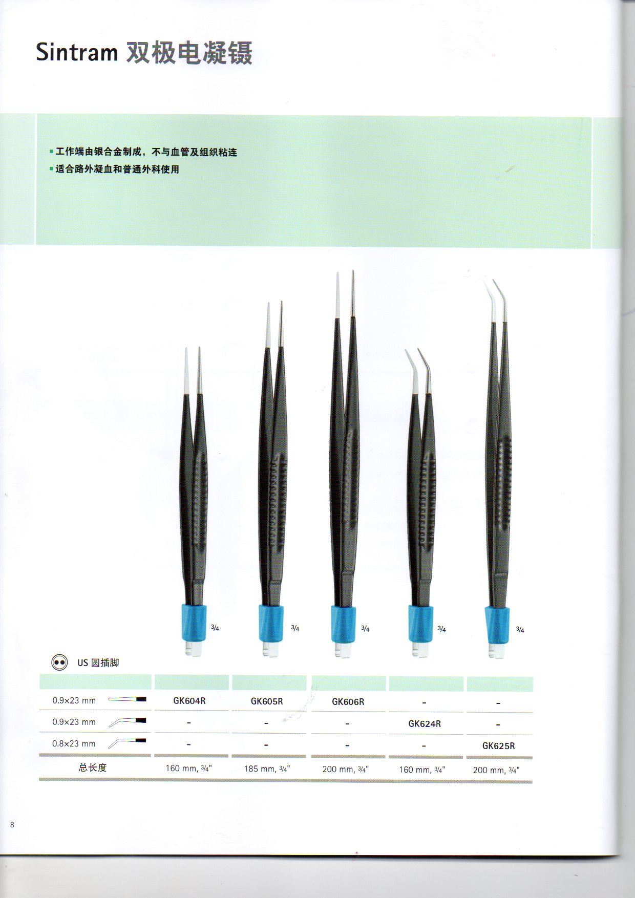 Sintram雙極電凝鑷圓插角GK604R